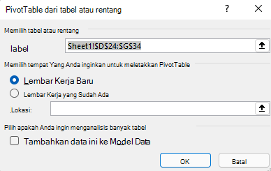 Create kotak dialog PivotTable di Excel untuk Windows memperlihatkan rentang sel yang dipilih dan opsi default.