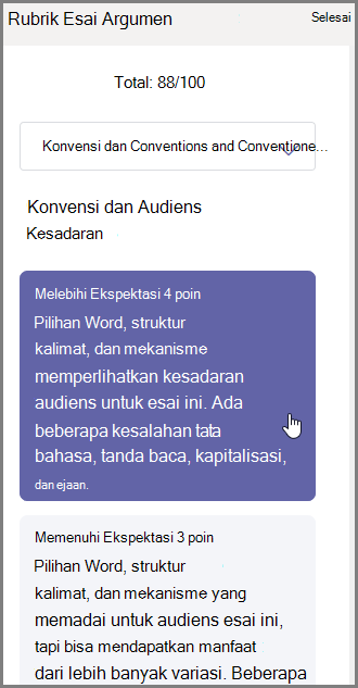 Pilih nilai yang ingin Anda tetapkan untuk bagian yang dipilih dan ketikkan umpan balik di bagian bawah