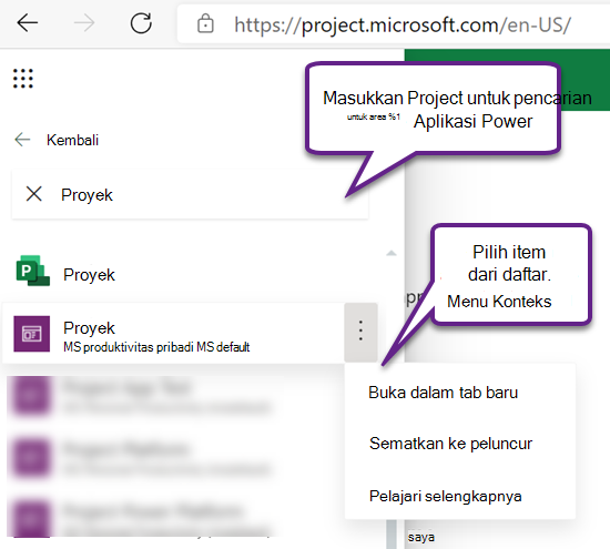 Project Power App di hasil pencarian di peluncur aplikasi