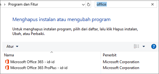 Memperlihatkan dua salinan Office yang terinstal di Panel Kontrol