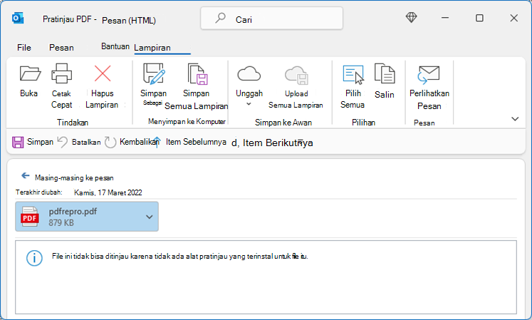 Kesalahan dalam PDF ketika mencoba menampilkan dari Outlook