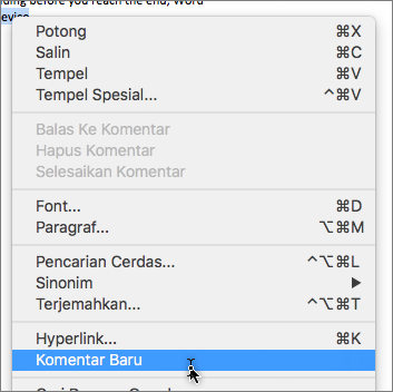 Pilih Komentar Baru pada menu konteks