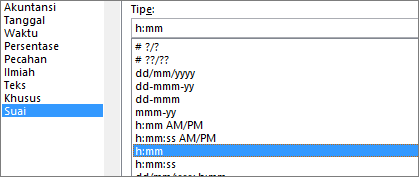 Dialog Format Sel, perintah Kustom, tipe j:mm