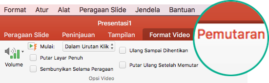 Ketika video dipilih dalam slide, tab Pemutaran muncul di pita toolbar, yang memungkinkan Anda mengatur opsi pemutaran video.