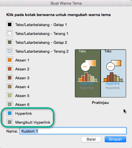 Memilih warna untuk hyperlink dan hyperlink yang diikuti