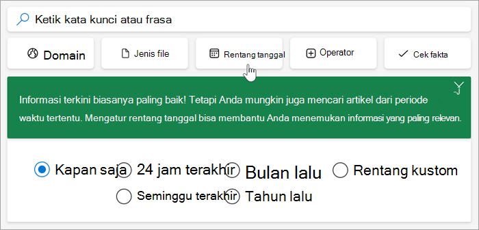 Cuplikan layar opsi rentang tanggal, melewati 24 jam, minggu lalu, bulan lalu, tahun lalu, rentang kustom