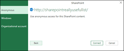 Excel Power Query tersambung ke dialog Sambungkan Daftar Sharepoint