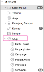 Grup yang tercantum dalam panel folder Outlook 2016 untuk Mac