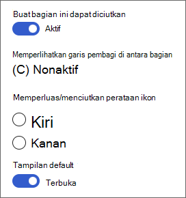 Cuplikan layar opsi untuk bagian yang dapat diciutkan di kotak alat Bagian.