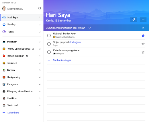 Cuplikan layar memperlihatkan bilah sisi daftar dan daftar hari saya di Microsoft to-do