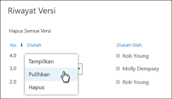 Pilih 'Pulihkan' dari menu turun bawah untuk versi dokumen yang dipilih