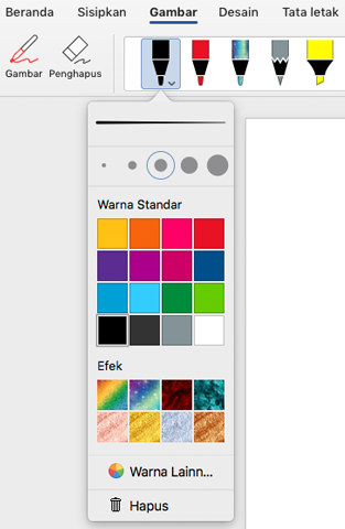 Opsi warna dan ketebalan untuk pena di galeri pena Office pada tab Gambar