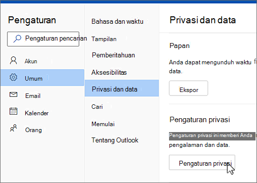 Menu privasi dan data umum pengaturan