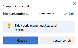 Perintah di Microsoft Edge untuk menyimpan kata sandi situs web untuk digunakan nanti.