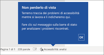 Barra di stato che mostra che Verifica accessibilità è in esecuzione