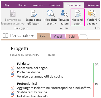 Screenshot del pulsante Nascondi autori in OneNote 2016.