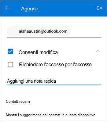 Screenshot che mostra come invitare persone a condividere un file da OneDrive per Android