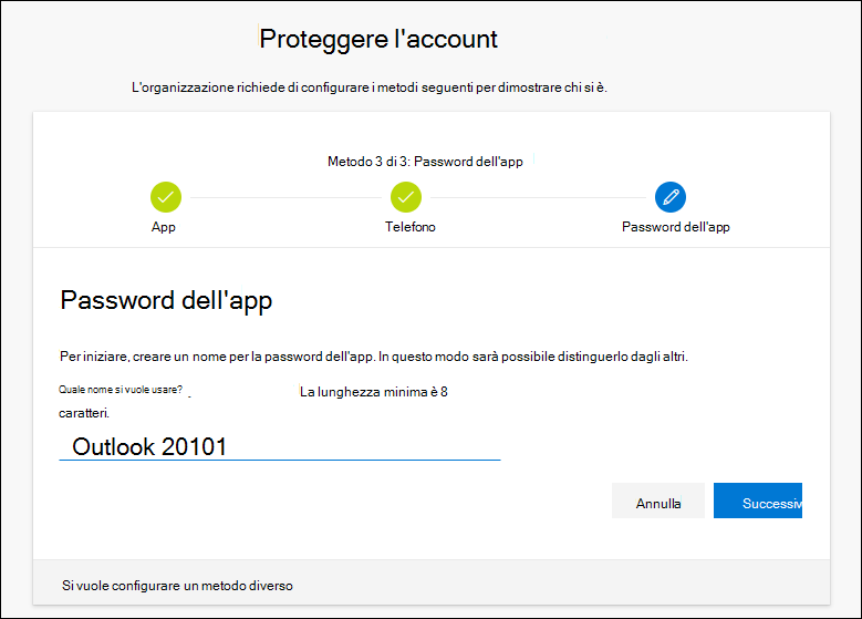 Aggiungere il nome della password dell'app nella procedura guidata
