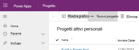 Il pulsante Nuovi progetti in Project Power App