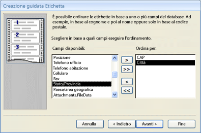 Impostazione dell'ordinamento nella Creazione guidata etichetta