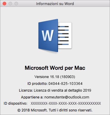 Finestra di dialogo Informazioni su Word