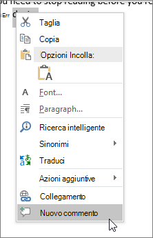 Scegliere Nuovo commento nel menu di scelta rapida