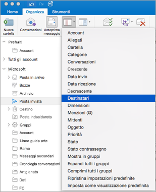Ordinare la posta elettronica in diversi modi facendo clic su Organizza > Disponi per ed effettuando una selezione dall'elenco di opzioni