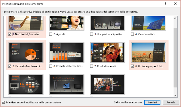 Finestra di dialogo Inserisci sommario delle anteprime in PowerPoint con sezioni selezionate.