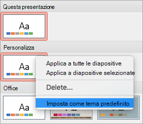 Opzione Imposta come tema predefinito per un tema personalizzato