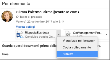 Selezionare la freccia in giù e Rimuovi per rimuovere l'allegato