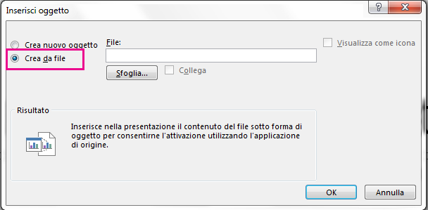 La finestra di dialogo Inserisci oggetto con l'opzione "Crea da file" selezionata