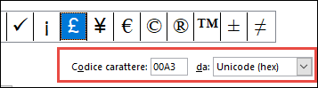 Il campo indica che si tratta di un simbolo Unicode