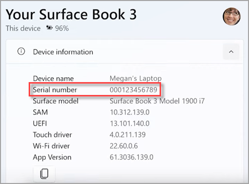 Individuazione del numero di serie del dispositivo Surface nell'app Surface.