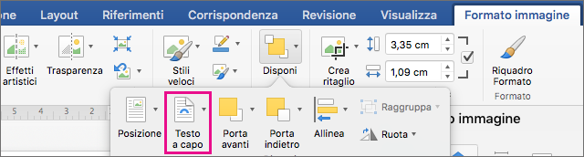 Fare clic su Testo a capo per indicare come disporre il testo intorno a un'immagine o a un oggetto disegno.