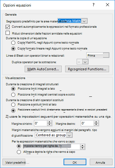 Immagine della finestra di dialogo Opzioni equazione