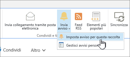 Scheda Raccolta con opzione Imposta avviso per questa raccolta evidenziata