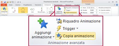 Scheda Animazioni sulla barra multifunzione di PowerPoint 2010