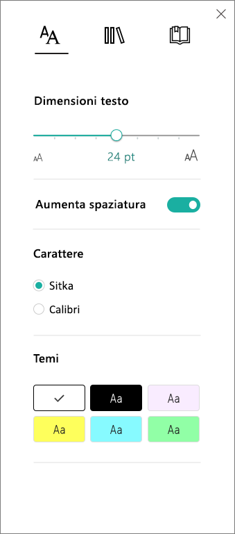 Menu Opzioni testo nello strumento di lettura immersiva