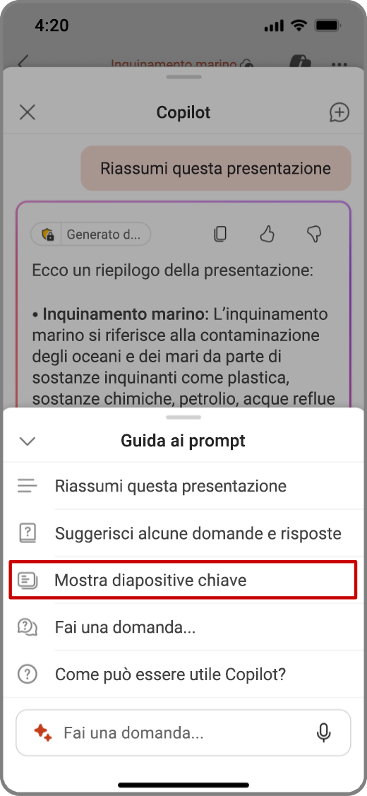 Screenshot di Copilot in PowerPoint nel dispositivo iOS con il prompt Mostra diapositive chiave