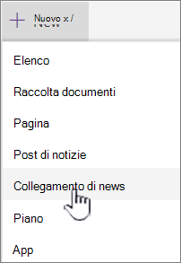 Selezionare il collegamento Notizie dal menu + Nuovo