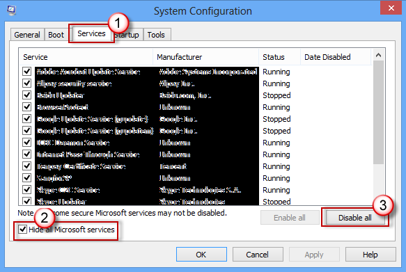 Configurazione di sistema - Scheda Servizi - Casella di controllo Nascondi tutti i servizi Microsoft selezionata - Disabilita tutto