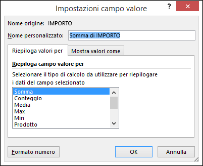 Finestra di dialogo Impostazioni campo valore di Excel con le opzioni Riepiloga valori per