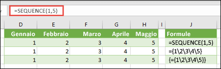 Creare una costante di matrice orizzontale con =SEQUENZA(1;5) oppure ={1,2,3,4,5}