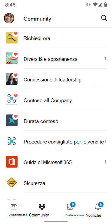 Screenshot che mostra le community nell'app Yammer per Android