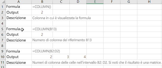 Esempi della funzione RIF.COLONNA