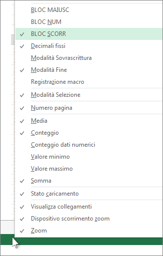 Fare clic con il pulsante destro del mouse sulla barra di stato per personalizzarla