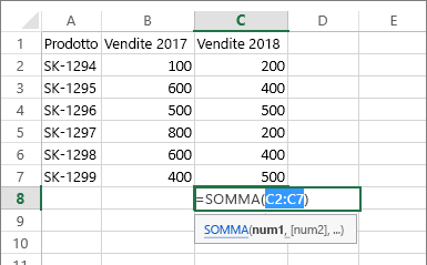 Intervallo di celle rilevato automaticamente con il pulsante Somma automatica
