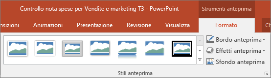 Stili anteprima ed effetti che è possibile scegliere nella scheda Formato in PowerPoint.