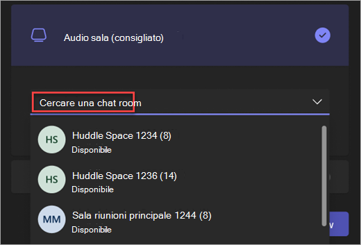 Screenshot della barra di ricerca per l'opzione Audio sala nella schermata di prejoin riunione di Teams.