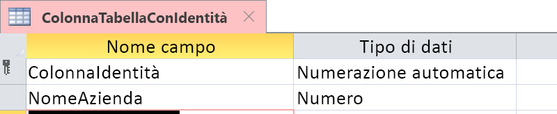 Colonna Identity identificata come campo Numerazione automatica